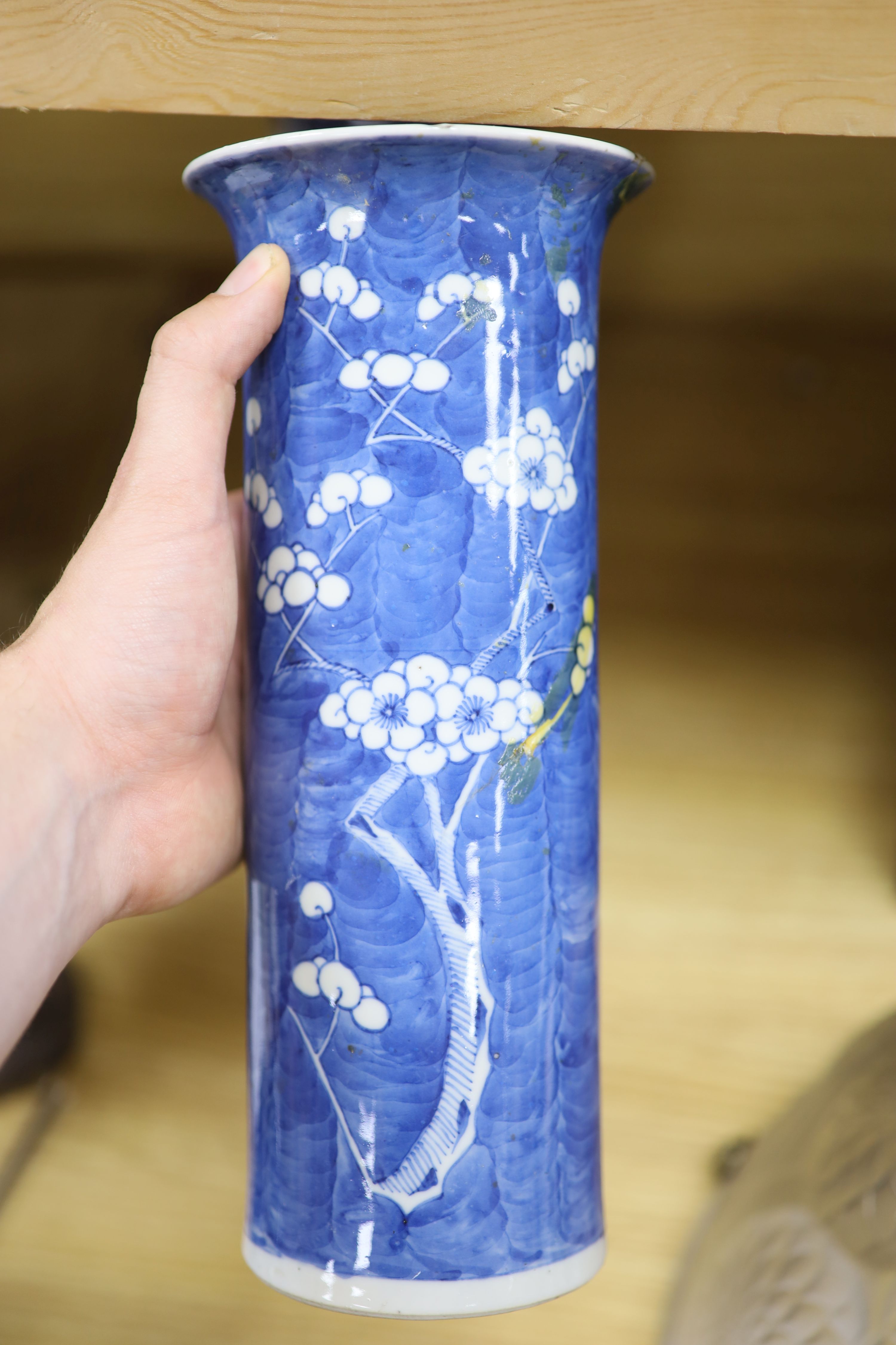 A Chinese blue and white cylindrical vase, another vase and cover and a blue and white jar and cover, together with a cloisonne vase and a bronze censer, tallest 32cm